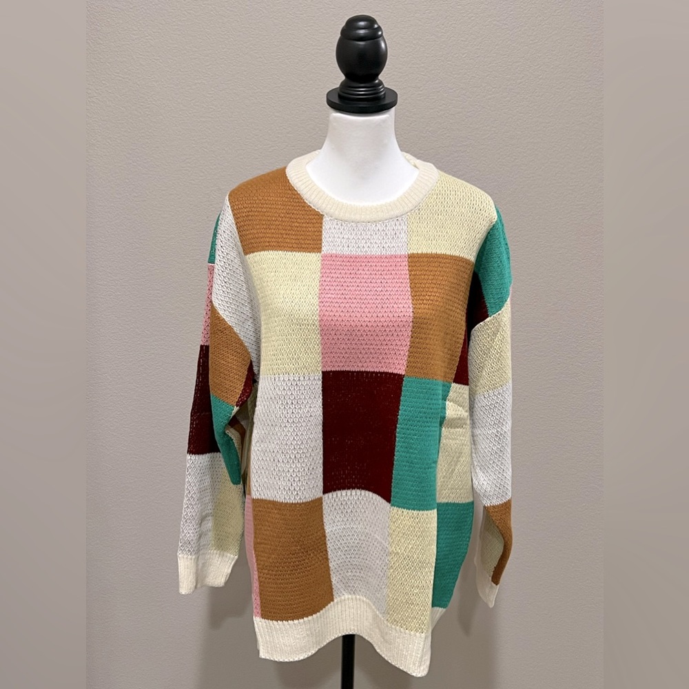 Checkered Multicolor Jacquard Knit Sweater